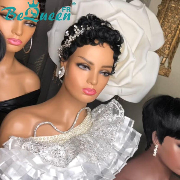 BeQueen “Facima” Perruque de mariage noir Pixie curly sans colle