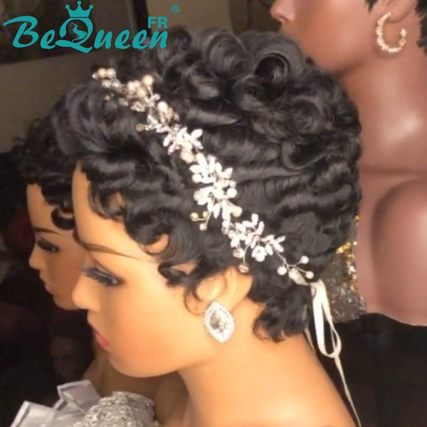 BeQueen “Facima” Perruque de mariage noir Pixie curly sans colle