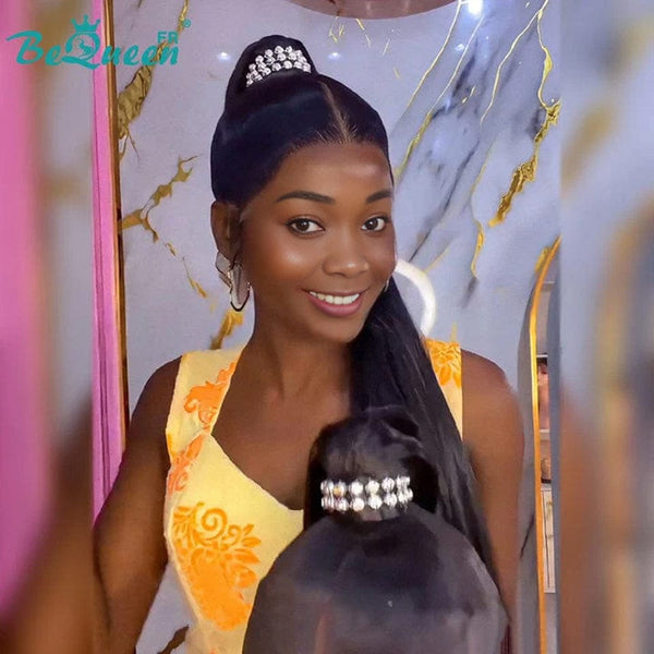 BeQueen „Flamingo“ Lace-Front-Perücke mit Pferdeschwanz, 100 % menschliches Haar, bereits angepasst