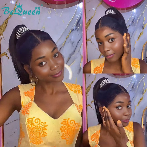 BeQueen „Flamingo“ Lace-Front-Perücke mit Pferdeschwanz, 100 % menschliches Haar, bereits angepasst