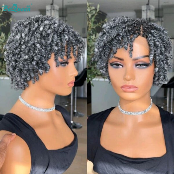 BeQueen “Helno" Perruque pixie avec Tresse twist Racine noir et gris lace pleine sans colle