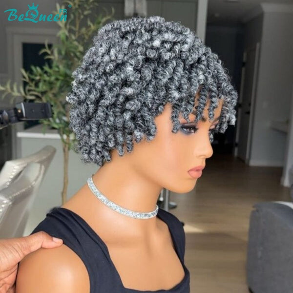 BeQueen “Helno" Perruque pixie avec Tresse twist Racine noir et gris lace pleine sans colle