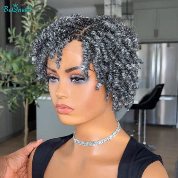 BeQueen “Helno" Perruque pixie avec Tresse twist Racine noir et gris lace pleine sans colle