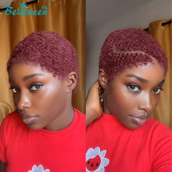 BeQueen “Jade " Perruque pixie avec lace frontale 13x4 sans colle couleur rouge bordeaux afro curl