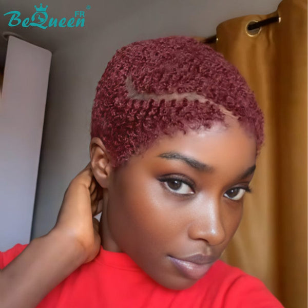 BeQueen “Jade " Perruque pixie avec lace frontale 13x4 sans colle couleur rouge bordeaux afro curl