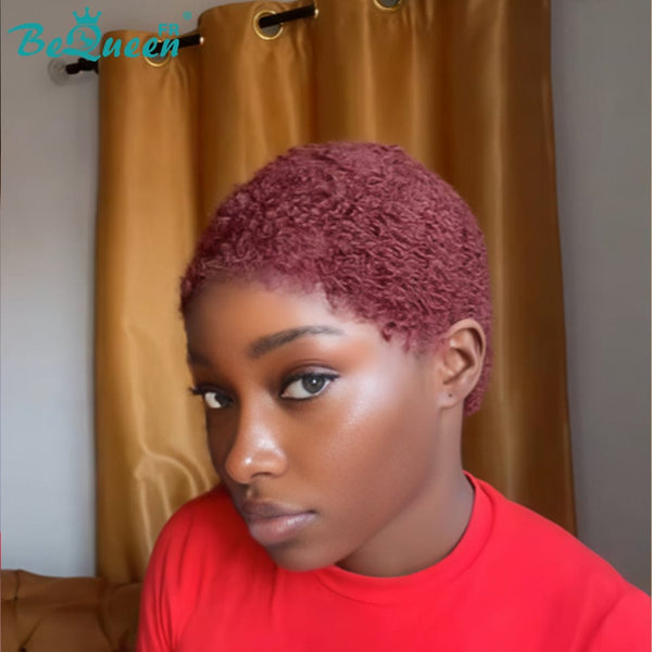 BeQueen “Jade " Perruque pixie avec lace frontale 13x4 sans colle couleur rouge bordeaux afro curl