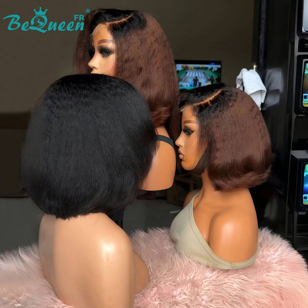 BeQueen “Klaus” Peruca Bob 250% Densidade com Pontas Encaracoladas Kinky Straight com Lace Frontal 13*4 Cor Preta e Raiz Preta e Castanha