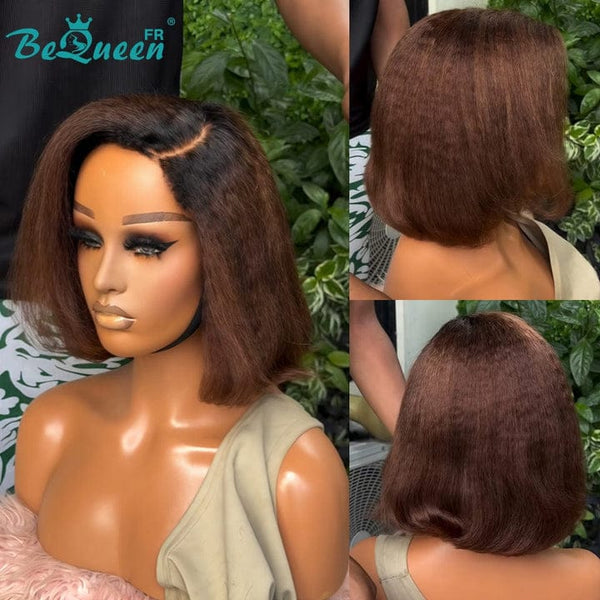 BeQueen “Klaus” Peruca Bob 250% Densidade com Pontas Encaracoladas Kinky Straight com Lace Frontal 13*4 Cor Preta e Raiz Preta e Castanha