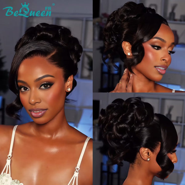 BeQueen “Pilar” Peruca de casamento preta Chignon com Renda Frontal 13x4