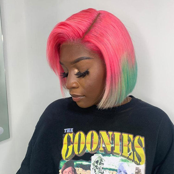 BeQueen Colorful Highlight T Part Bob Lace Wig Short Straight Hair Color Highlight