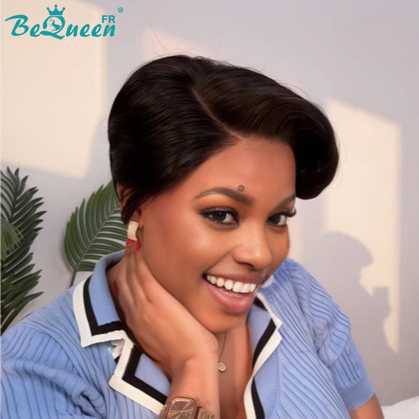 BeQueen Perruque “Adequin” Pixie noir avec Lace frontale sans colle style 7