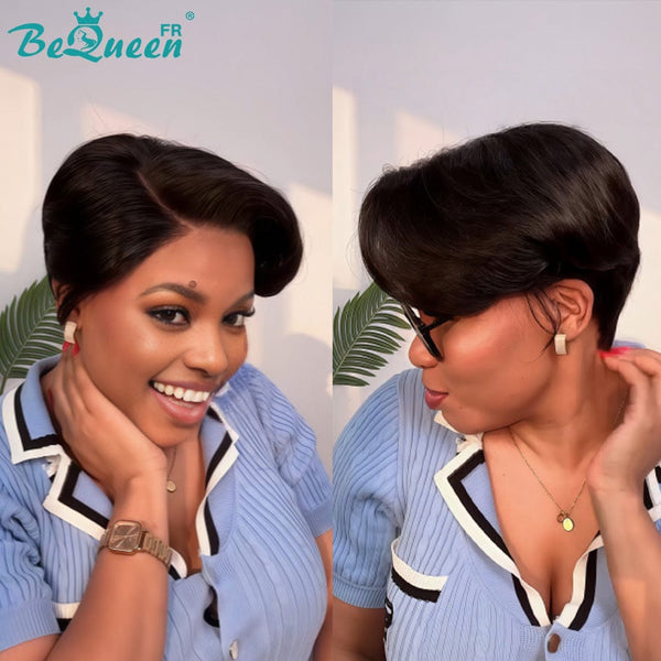 BeQueen Perruque “Adequin” Pixie noir avec Lace frontale sans colle style 7