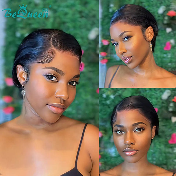 BeQueen Perruque “Adequin” Pixie noir avec Lace T-part super courte sans colle style 2