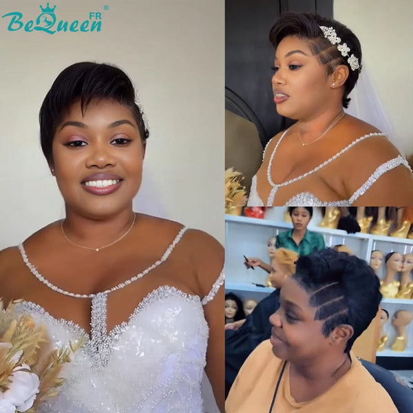 BeQueen Perücke „Adequin“ Pixie schwarz ohne Kleber Front Lace mit 2 Seitenscheitel Stil 2