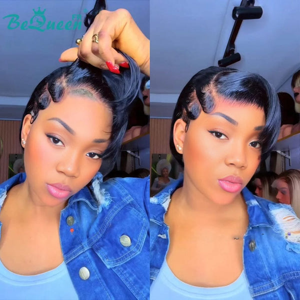 BeQueen Perücke "Adequin" Pixie schwarz mit Lace T-Teil 