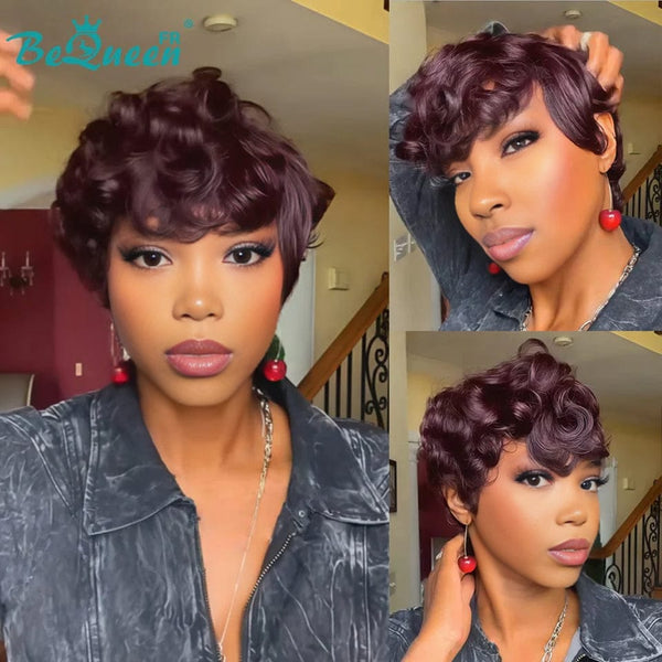 Bequeen Wig "Albane" Pixie Bordeaux curly 100% Human Hair