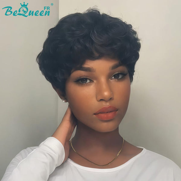 Peluca Bequeen "Chioma" Pixie negra rizada sin pegamento, lista para usar