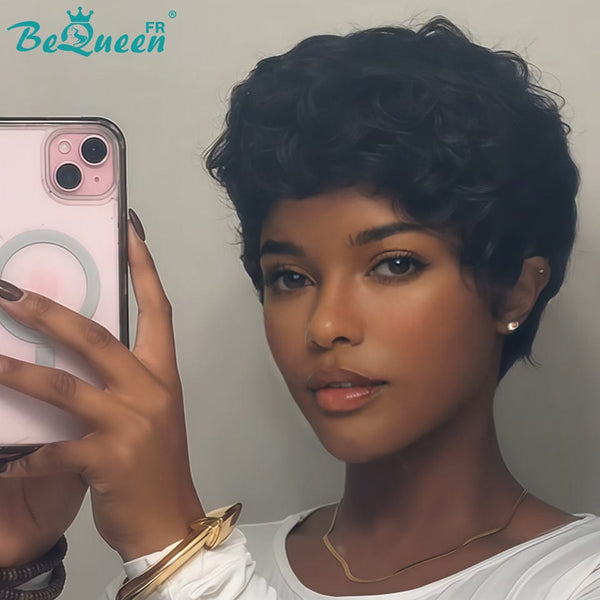 Peluca Bequeen "Chioma" Pixie negra rizada sin pegamento, lista para usar