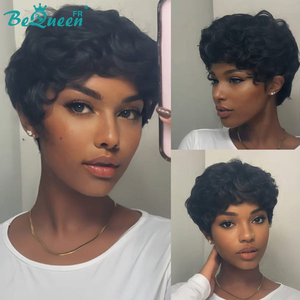 Peluca Bequeen "Chioma" Pixie negra rizada sin pegamento, lista para usar