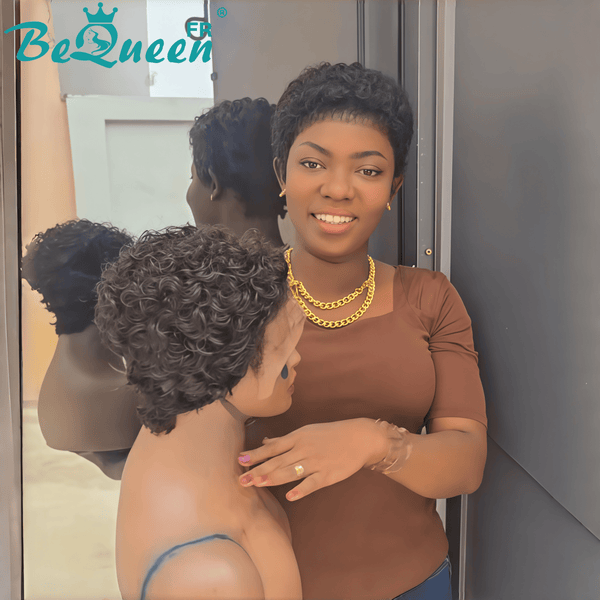 Bequeen Perruque “Aurore” Pixie noir curly sans colle avec frontale 13*4