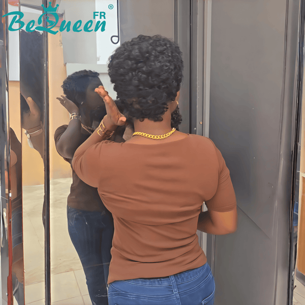 Bequeen Perruque “Aurore” Pixie noir curly sans colle avec frontale 13*4