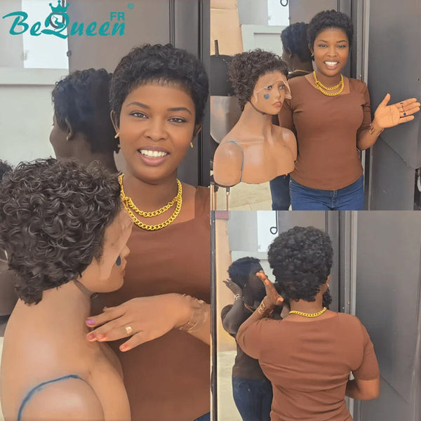 Bequeen Perruque “Aurore” Pixie noir curly sans colle avec frontale 13*4