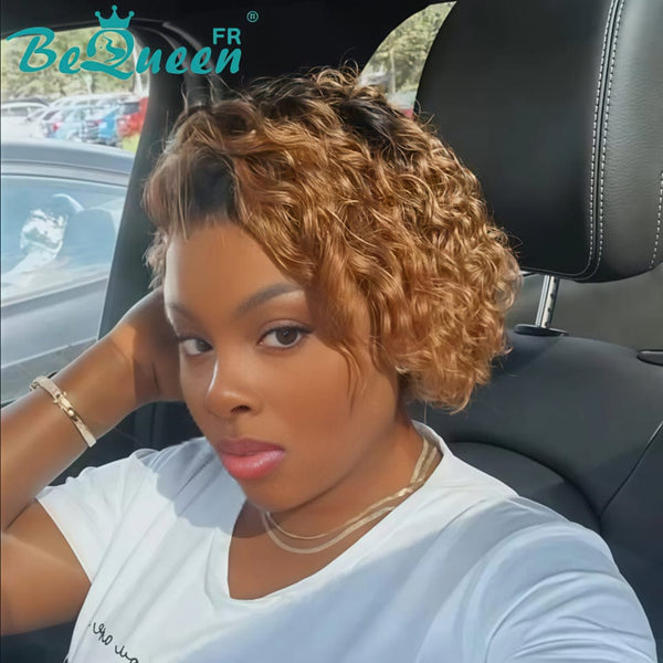 BeQueen Perruque “Belen” Pixie Curly wave avec Lace 13x4 Racine Noir et Miel