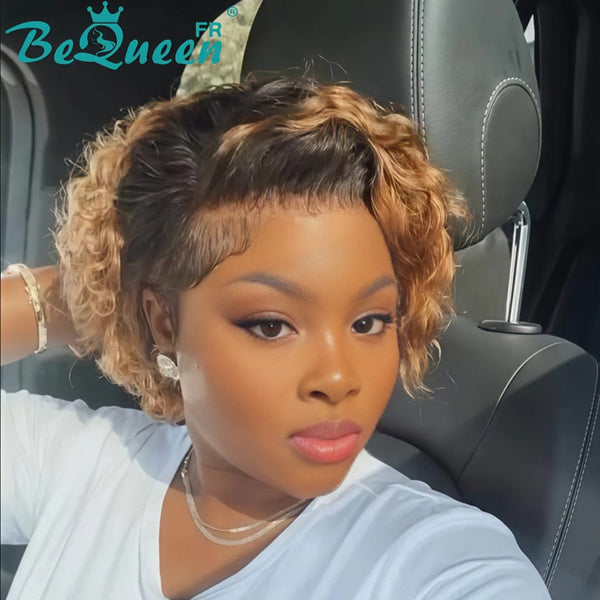 BeQueen Perruque “Belen” Pixie Curly wave avec Lace 13x4 Racine Noir et Miel