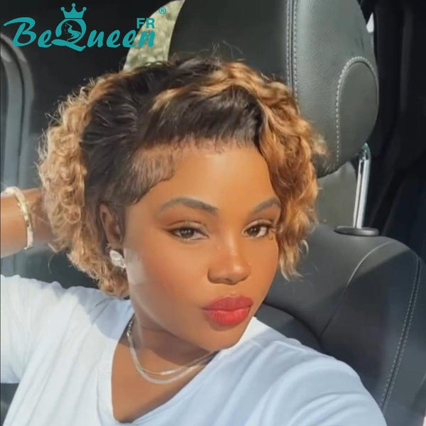 BeQueen Perruque “Belen” Pixie Curly wave avec Lace 13x4 Racine Noir et Miel