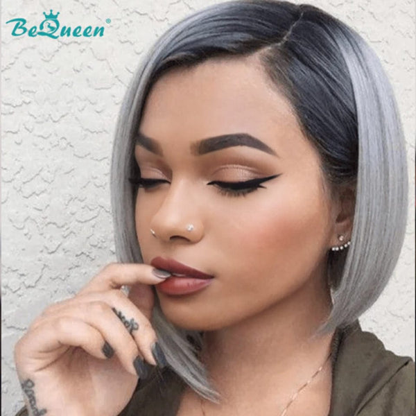 BeQueen Bob Lace Front Perücke 13x4 glattes Haar, individuelle Farbe Grau Schwarz 