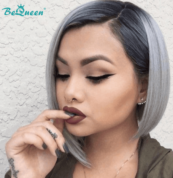 BeQueen Bob Lace Front Wig 13x4 Straight Hair Custom Color Gray Black