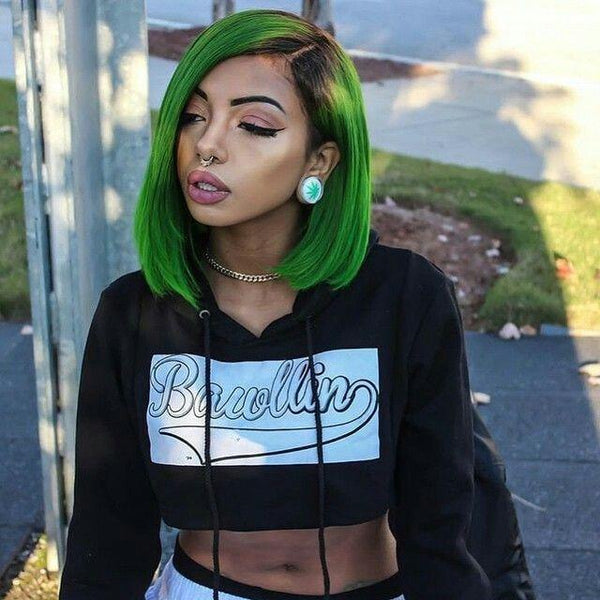 BeQueen Bob Lace Front Perücke 13x4 glattes Haar, individuelle Farbe Grün und Schwarz 