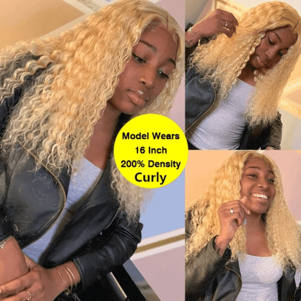 BeQueen Perruque Bob Cheveux frisés humains à dentelle frontale 13x4 Couleur Blonde #613