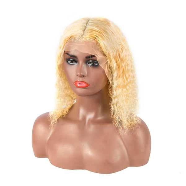 BeQueen Perruque Bob Cheveux frisés humains à dentelle frontale 13x4 Couleur Blonde #613