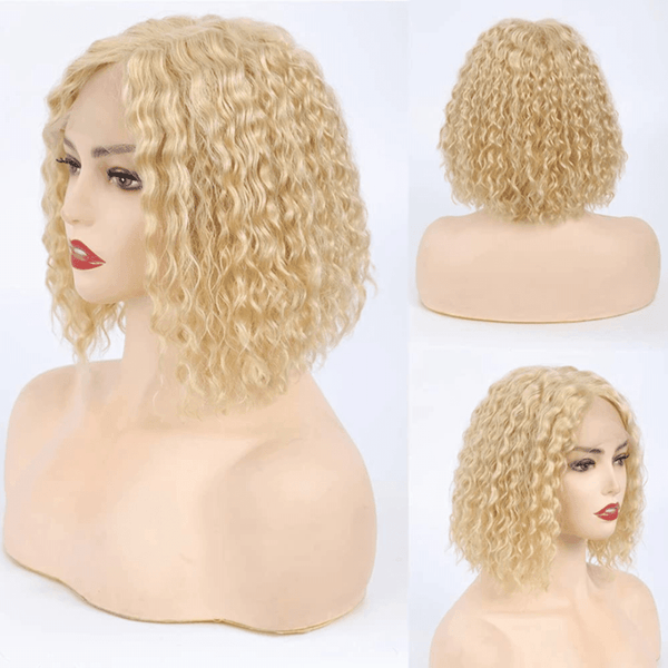 BeQueen Perruque Bob Cheveux frisés humains à dentelle frontale 13x4 Couleur Blonde #613