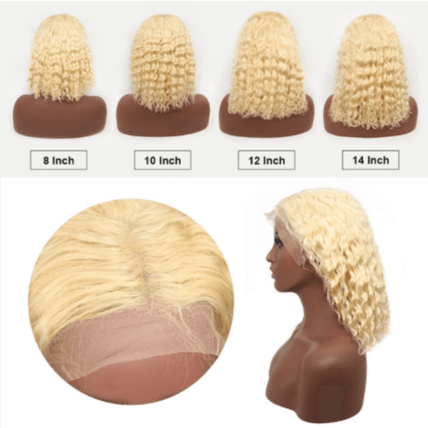 BeQueen Perruque Bob Cheveux frisés humains à dentelle frontale 13x4 Couleur Blonde #613