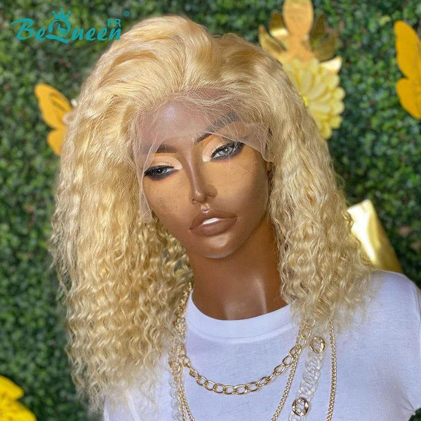 BeQueen Perruque Bob Cheveux frisés humains à dentelle frontale 13x4 Couleur Blonde #613