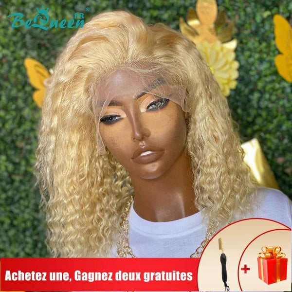 BeQueen Perruque Bob Cheveux frisés humains à dentelle frontale 13x4 Couleur Blonde #613