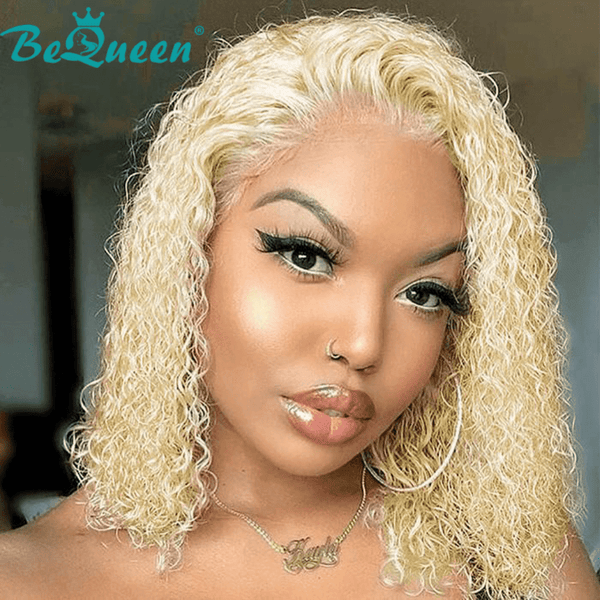 BeQueen Perruque Bob Cheveux frisés humains à dentelle frontale 13x4 Couleur Blonde #613