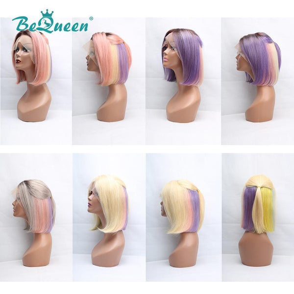 BeQueen Peruca Bob Cabelo Liso com Franja Frontal 13x4 de Cor Personalizada Mix Arco-Íris
