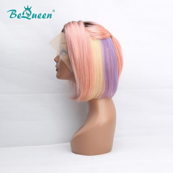 BeQueen Peruca Bob Cabelo Liso com Franja Frontal 13x4 de Cor Personalizada Mix Arco-Íris