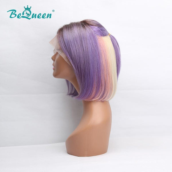 BeQueen Peruca Bob Cabelo Liso com Franja Frontal 13x4 de Cor Personalizada Mix Arco-Íris