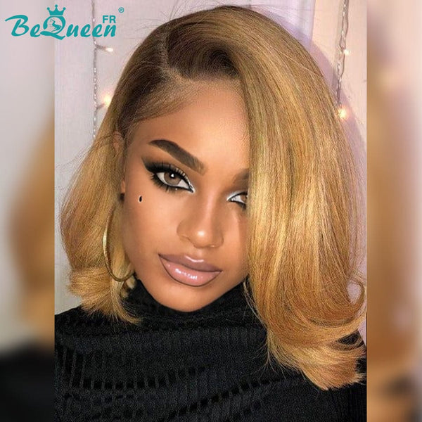 BeQueen Bob-Perücke, glattes Haar, stumpfer Schnitt, kurze Spitzenfront, 13 x 4, individuelle Farbe, Braun, Blond und Schwarz 