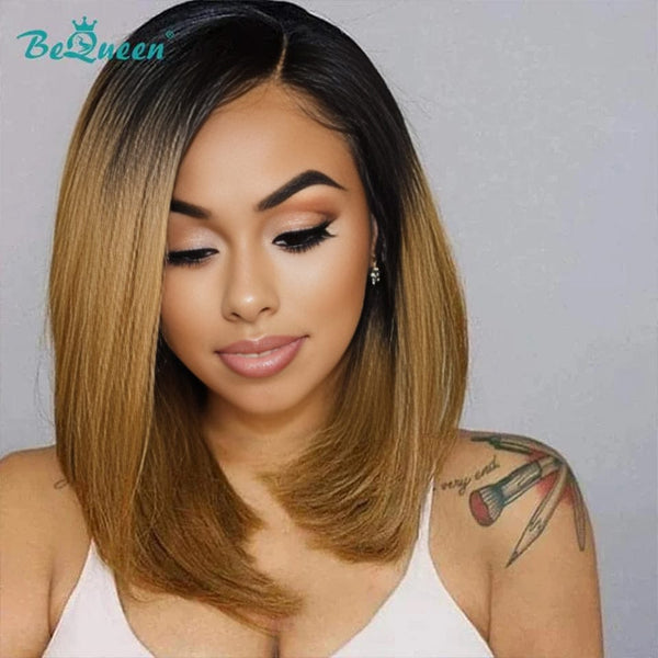 BeQueen Bob-Perücke, glattes Haar, stumpfer Schnitt, kurze Spitzenfront, 13 x 4, individuelle Farbe, Braun, Blond und Schwarz 