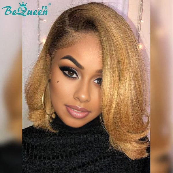 BeQueen Bob-Perücke, glattes Haar, stumpfer Schnitt, kurze Spitzenfront, 13 x 4, individuelle Farbe, Braun, Blond und Schwarz 
