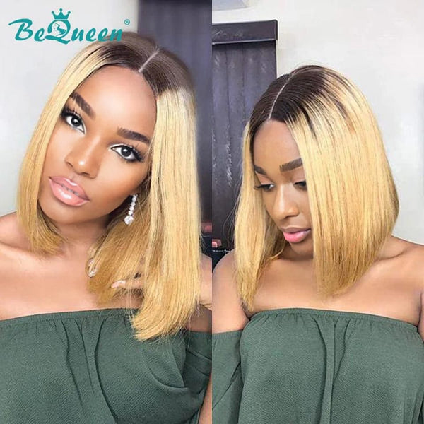 BeQueen Straight Bob Frontal Perücke mit schwarzem und blondem Ansatz 