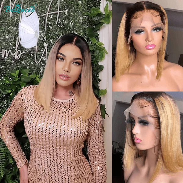BeQueen Straight Bob Frontal Perücke mit schwarzem und blondem Ansatz 