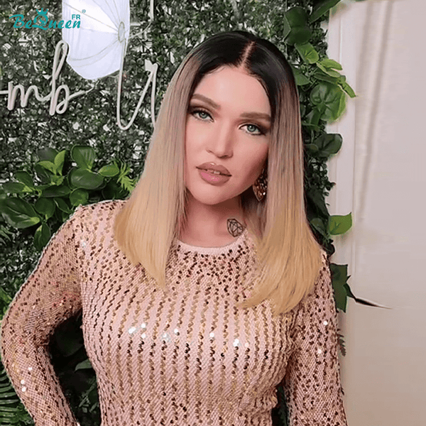 BeQueen Perruque Bob Frontale Lisses Racine noir et blonde