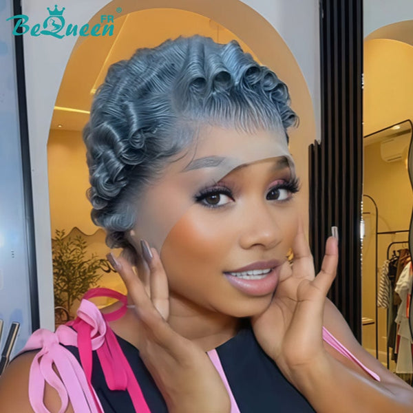 Bequeen Perruque “Chioma” Pixie gris curly avec lace frontale