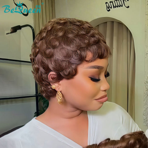 Bequeen Peruca “Chioma” Pixie preta ondulada sem cola Pronta para usar